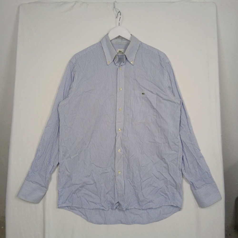 Lacoste Mens 42 Blue White Striped Cotton Long Sleeve Button Down Shirt Logo